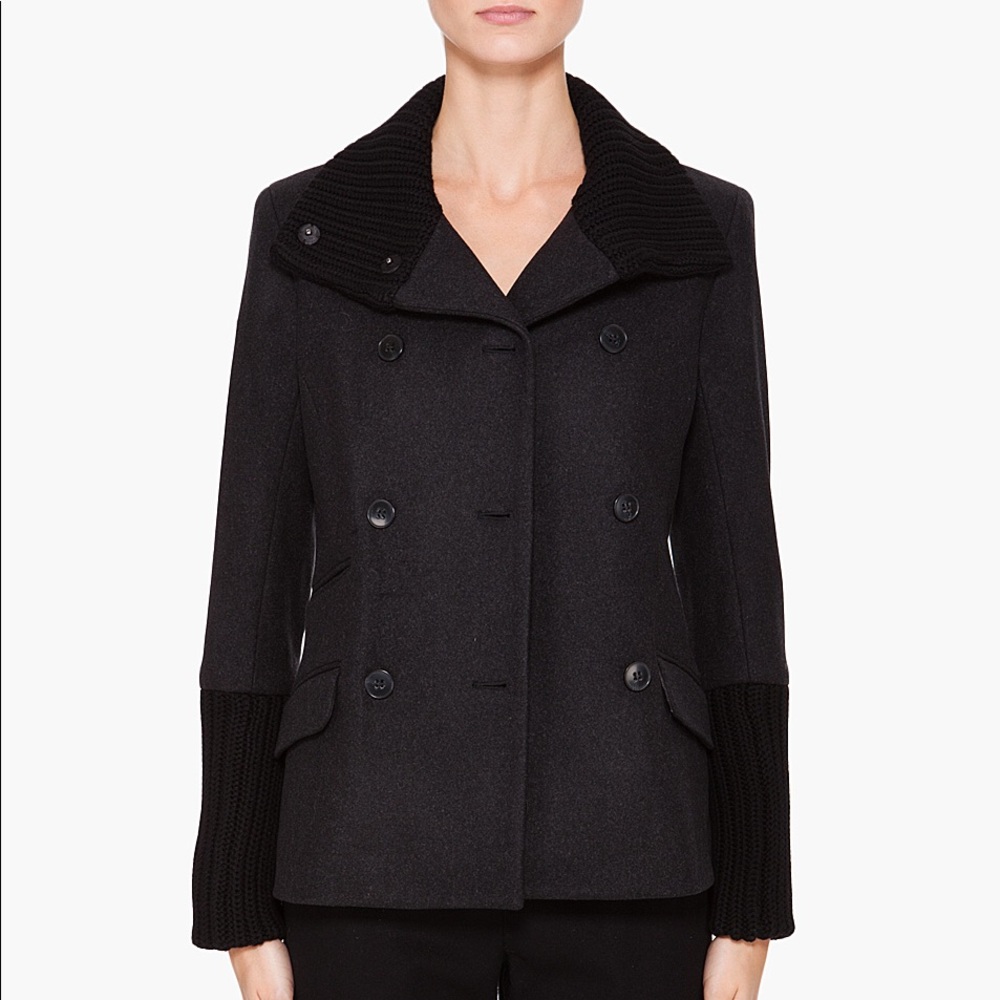 Theory Black Double-Breasted Pea Coat with Ribbed Shawl Collar